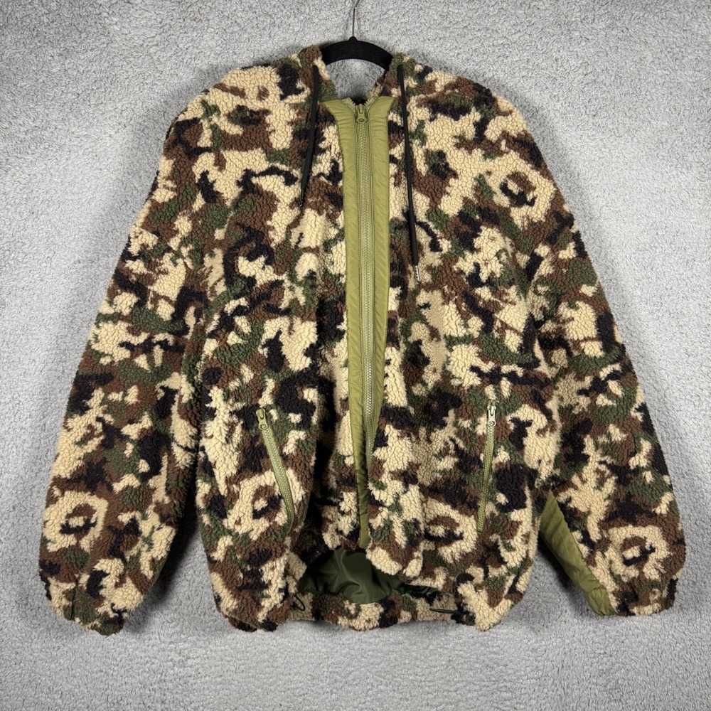 Forever 21+ Mens Camouflage Sherpa Fleece Hoodie Jacket Olive Green 1X Camo Zip